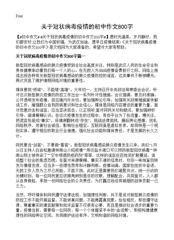 关于冠状病毒疫情的初中作文800字