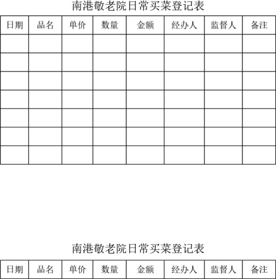 敬老院买菜登记表