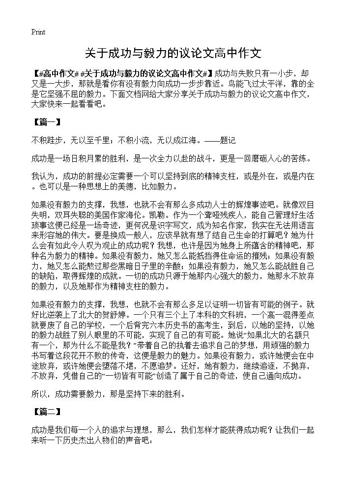 关于成功与毅力的议论文高中作文