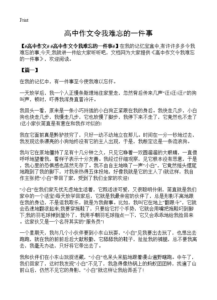 高中作文令我难忘的一件事