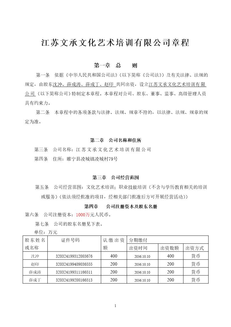 文化艺术培训有限公司章程最新