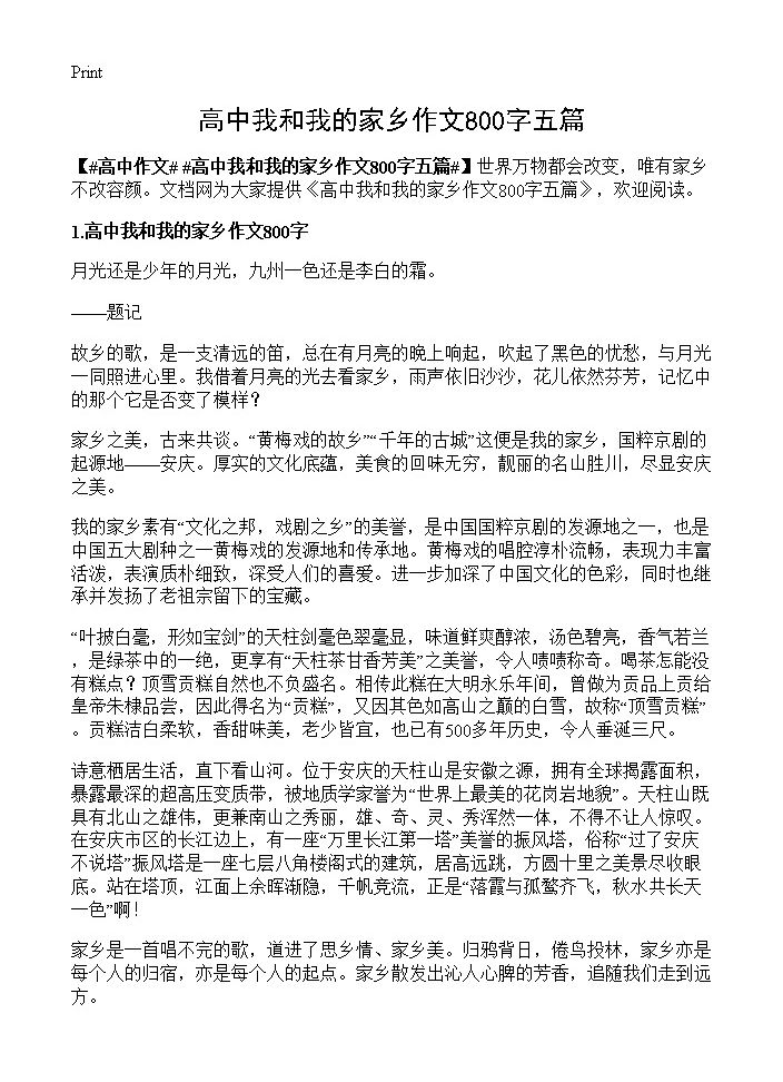 高中我和我的家乡作文800字五篇