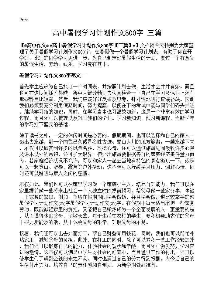 高中暑假学习计划作文800字