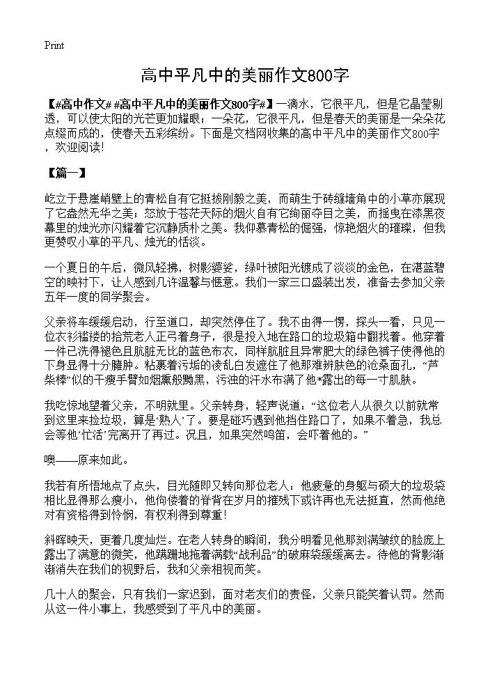 高中平凡中的美丽作文800字