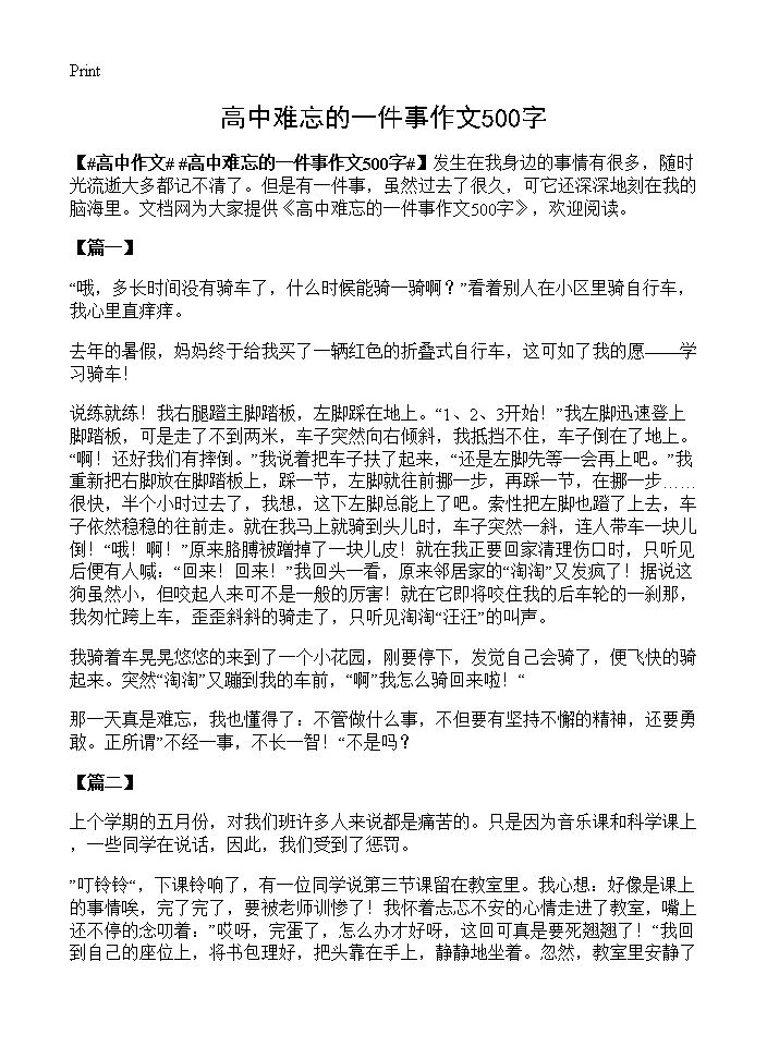 高中难忘的一件事作文500字