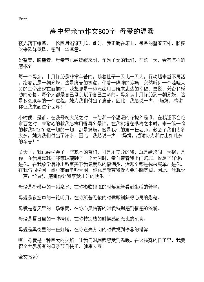 高中母亲节作文800字 母爱的温暖