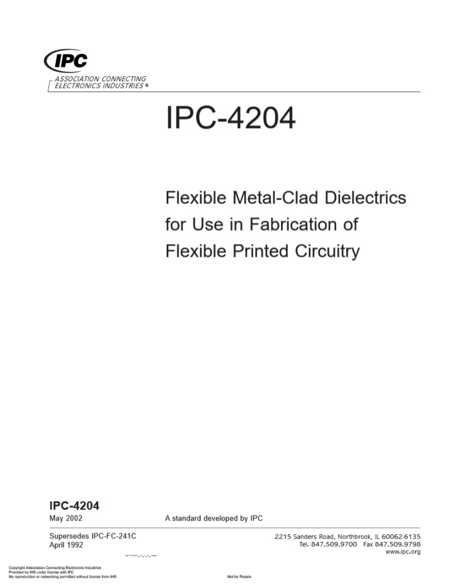 IPC-4204揉性印制电路板表面复盖层粘胶涂层绝缘薄膜以及揉性粘胶粘合膜(英文版)