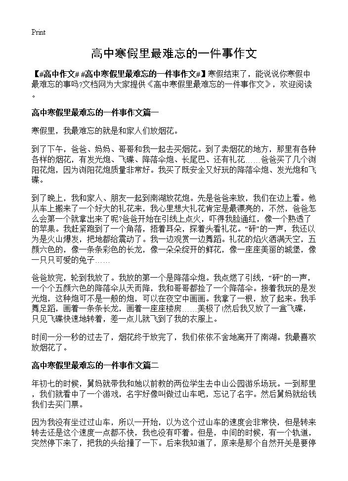 高中寒假里最难忘的一件事作文