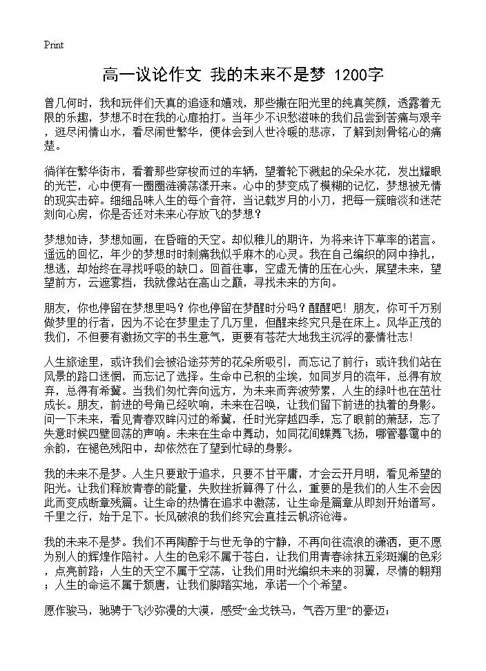 高一议论作文 我的未来不是梦 1200字