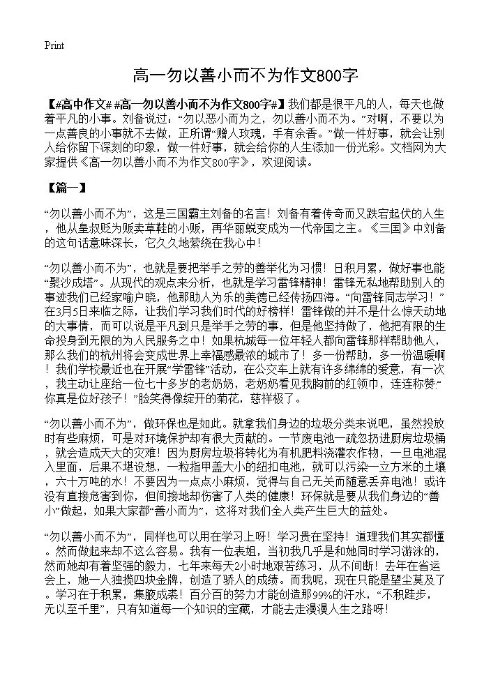 高一勿以善小而不为作文800字