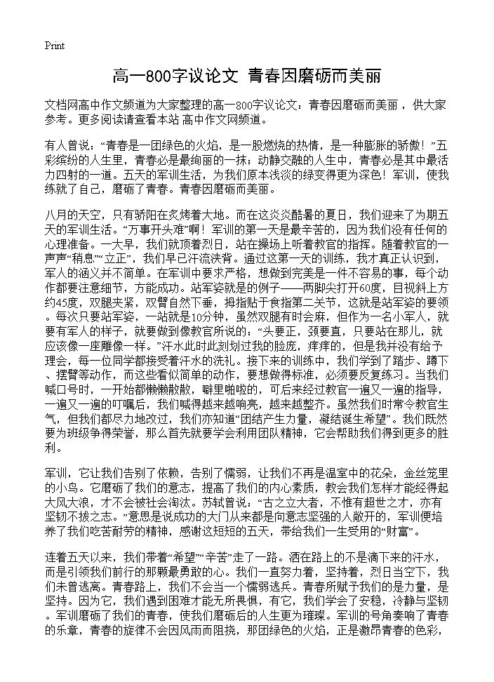 高一800字议论文 青春因磨砺而美丽