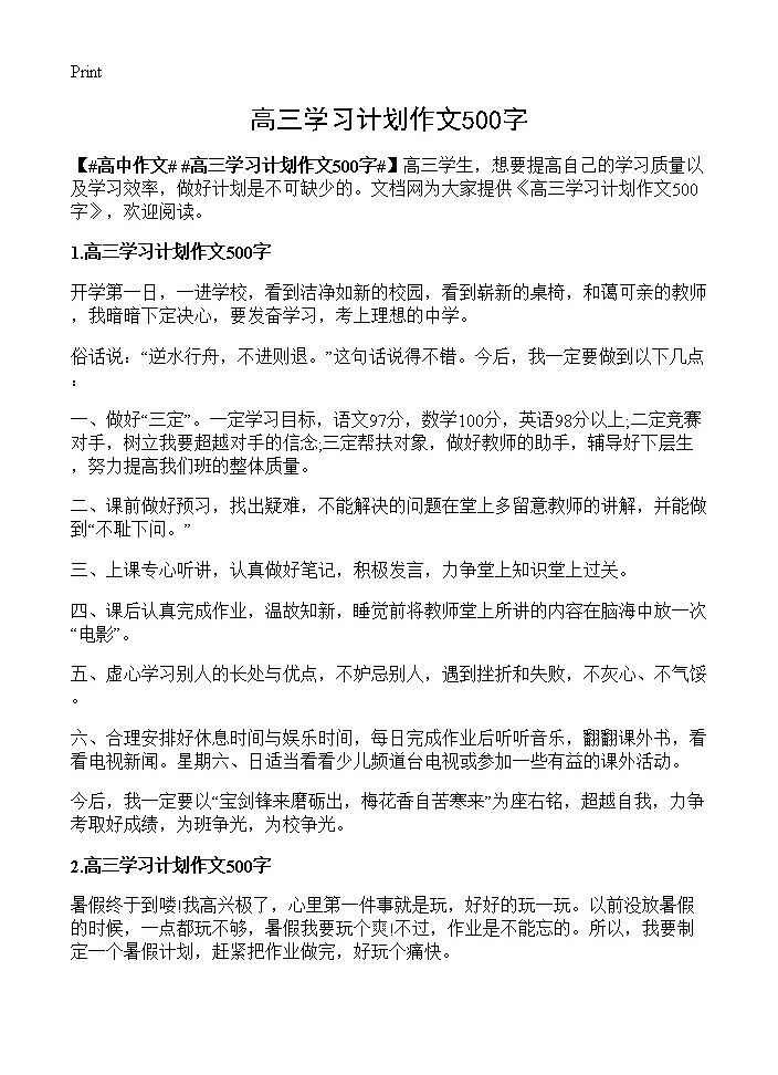 高三学习计划作文500字