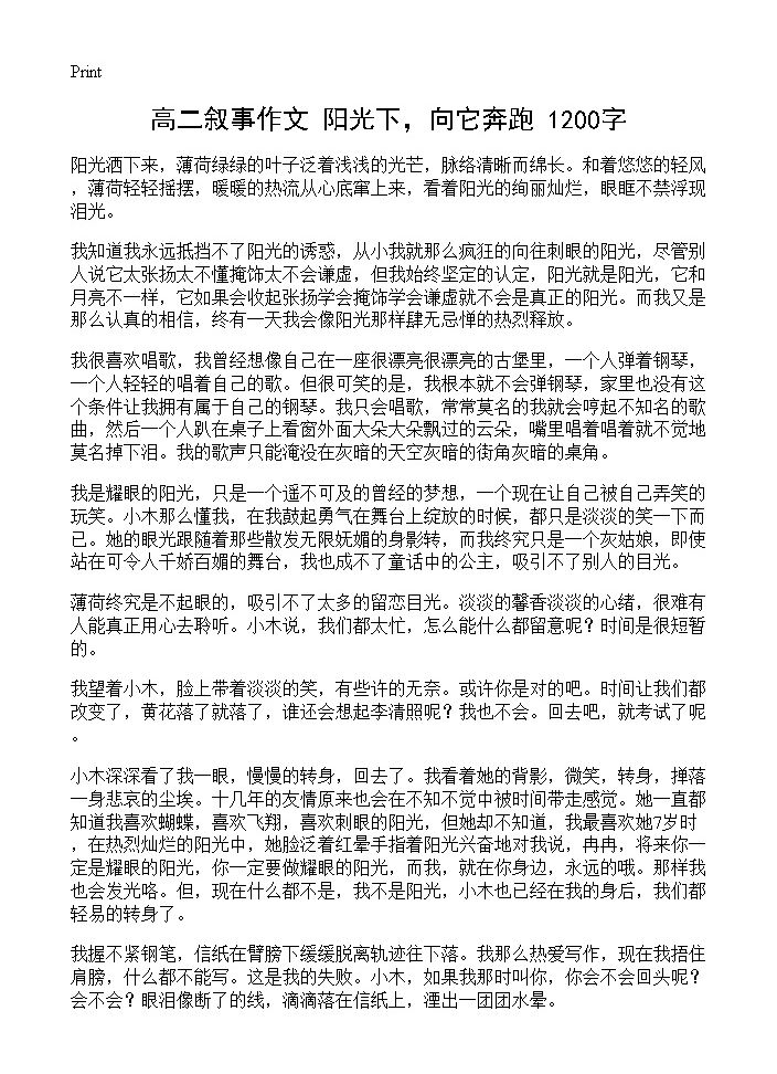 高二叙事作文 阳光下，向它奔跑 1200字