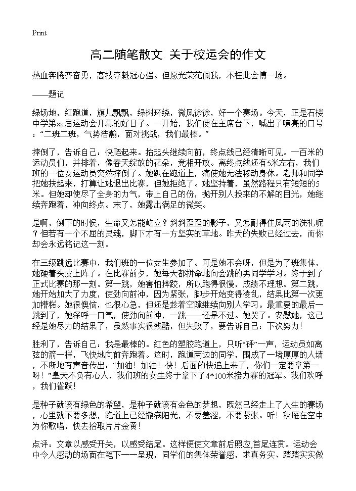 高二随笔散文 关于校运会的作文