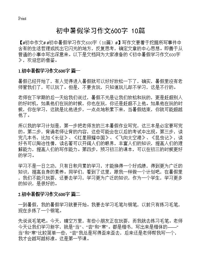 初中暑假学习作文600字10篇