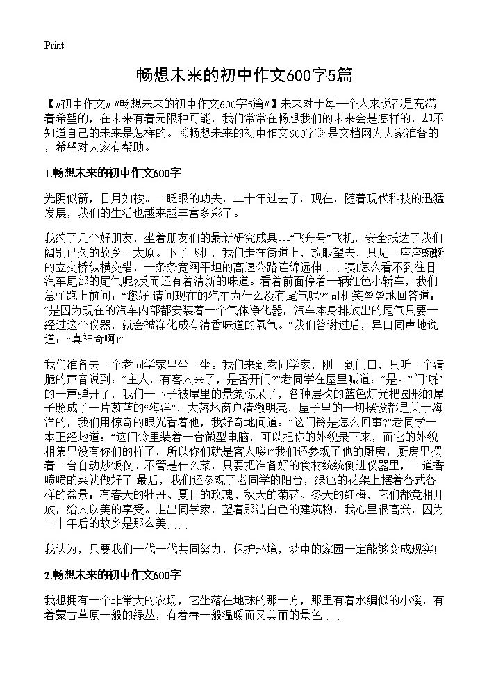 畅想未来的初中作文600字5篇