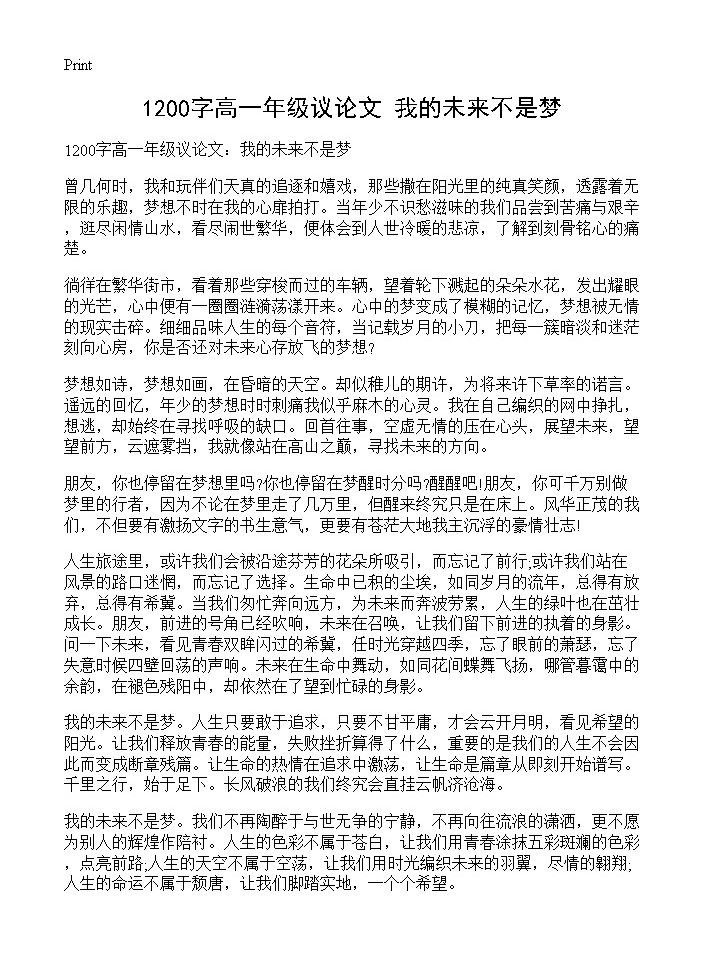 1200字高一年级议论文 我的未来不是梦