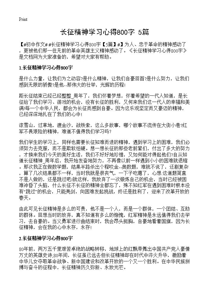 长征精神学习心得800字