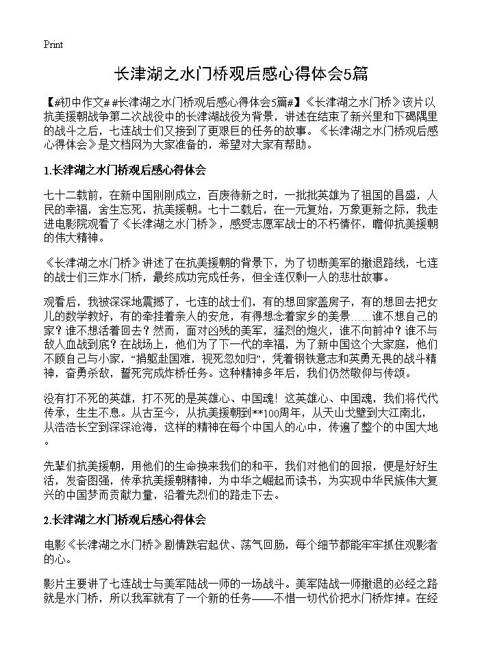 长津湖之水门桥观后感心得体会5篇