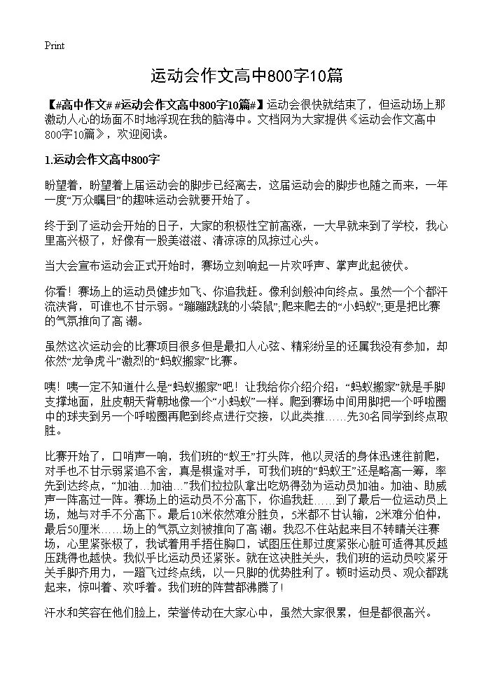 运动会作文高中800字10篇