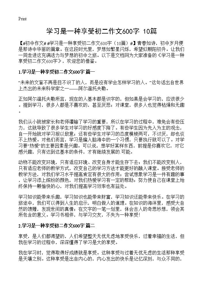 学习是一种享受初二作文600字10篇