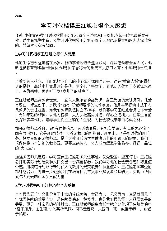 学习时代楷模王红旭心得个人感想