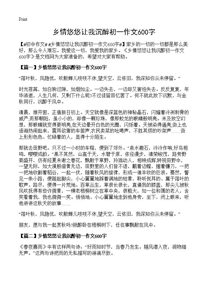 乡情悠悠让我沉醉初一作文600字