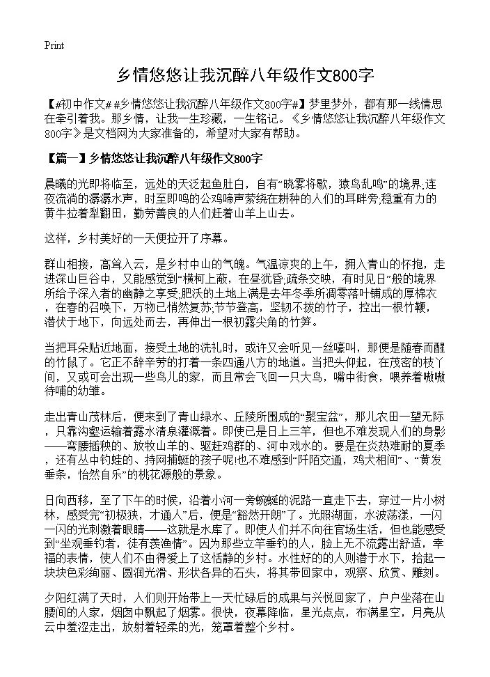 乡情悠悠让我沉醉八年级作文800字