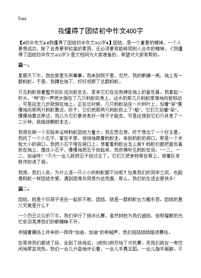 我懂得了团结初中作文400字