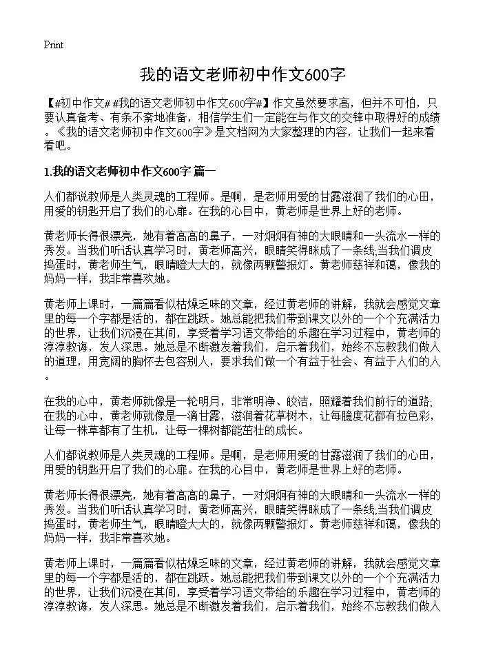 我的语文老师初中作文600字