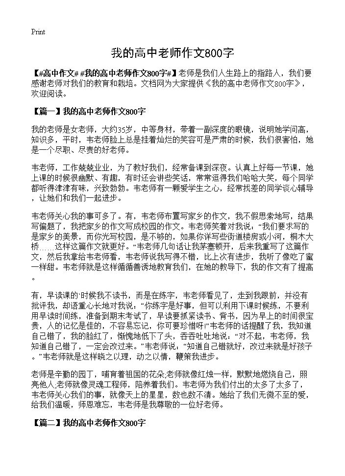 我的高中老师作文800字