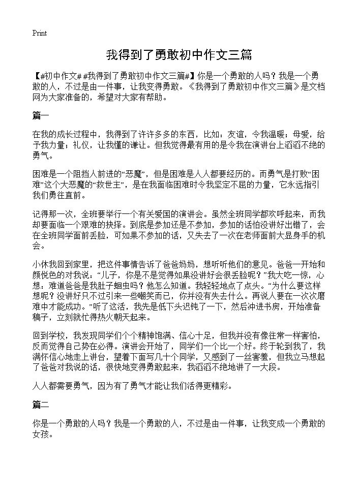 我得到了勇敢初中作文三篇