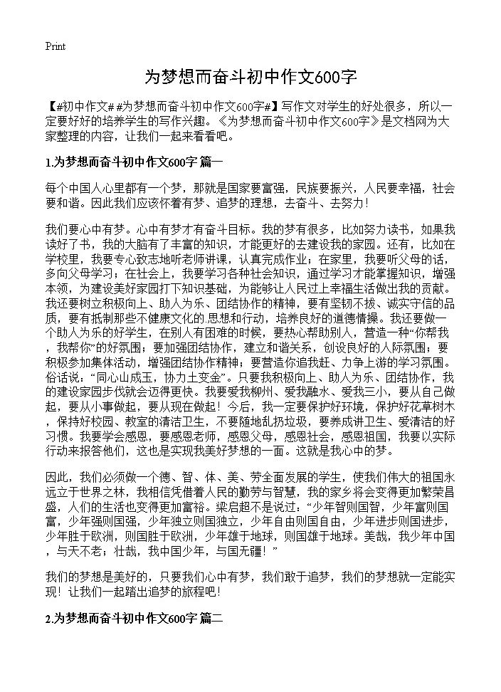 为梦想而奋斗初中作文600字