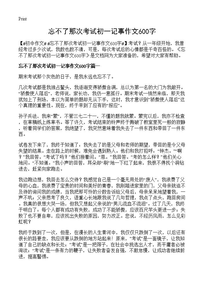 忘不了那次考试初一记事作文600字