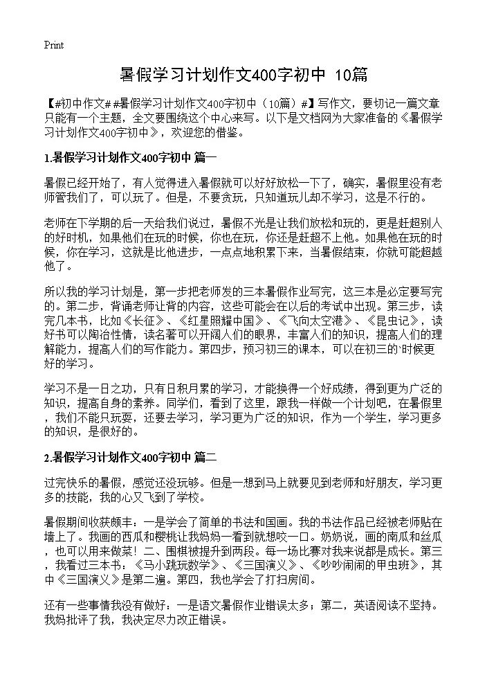 暑假学习计划作文400字初中10篇