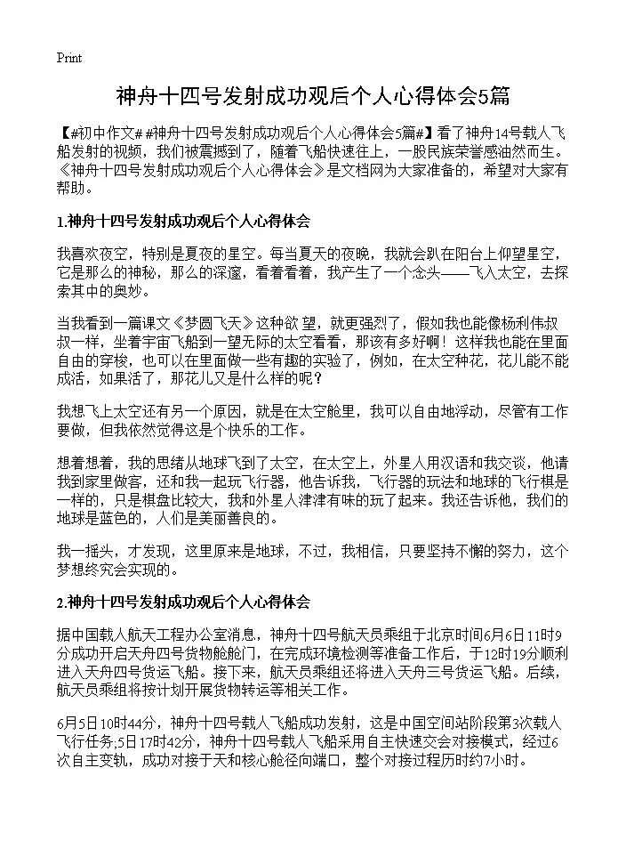 神舟十四号发射成功观后个人心得体会5篇