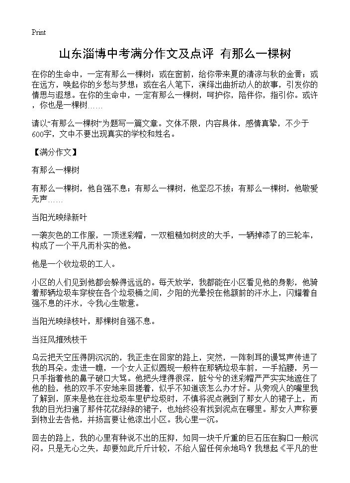 山东淄博中考满分作文及点评 有那么一棵树