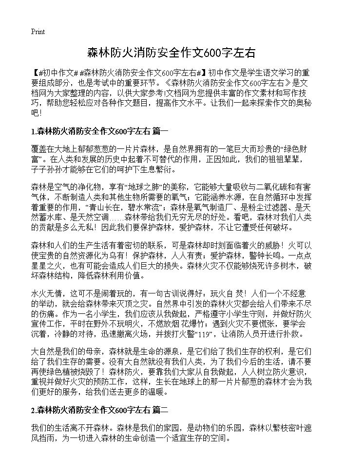 森林防火消防安全作文600字左右