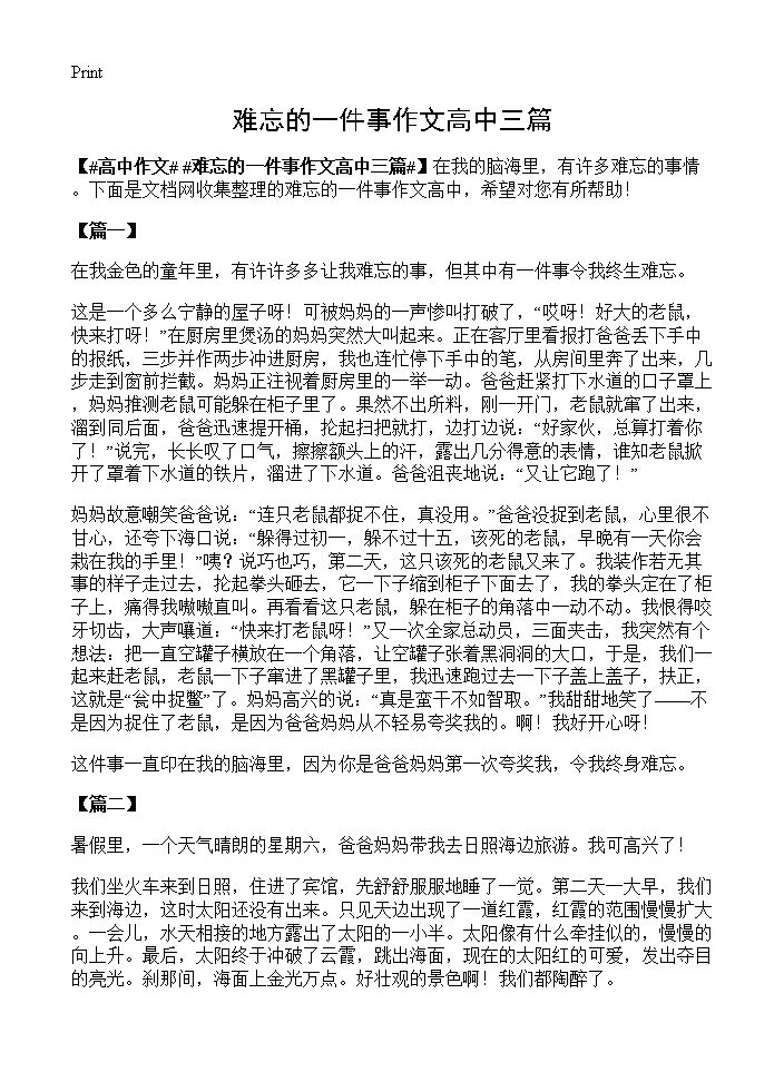 难忘的一件事作文高中三篇