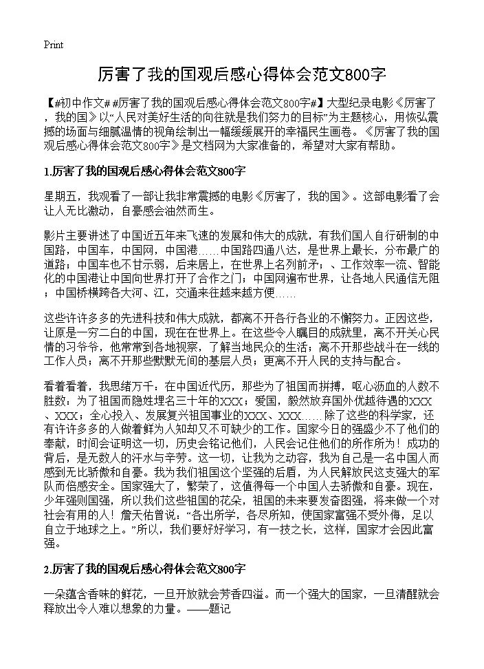 厉害了我的国观后感心得体会范文800字