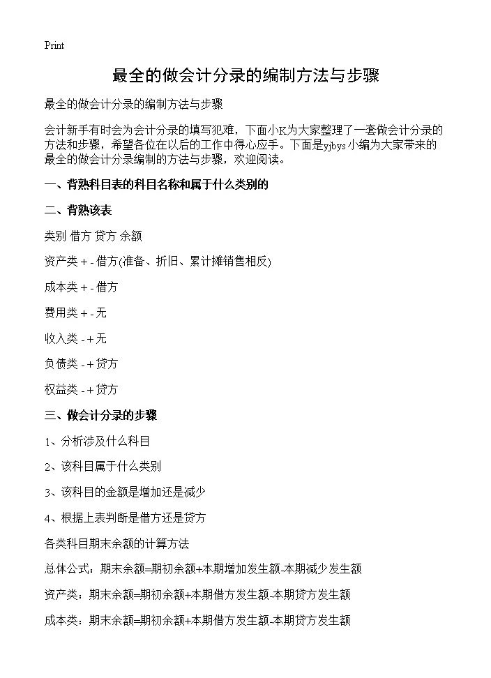 最全的做会计分录的编制方法与步骤