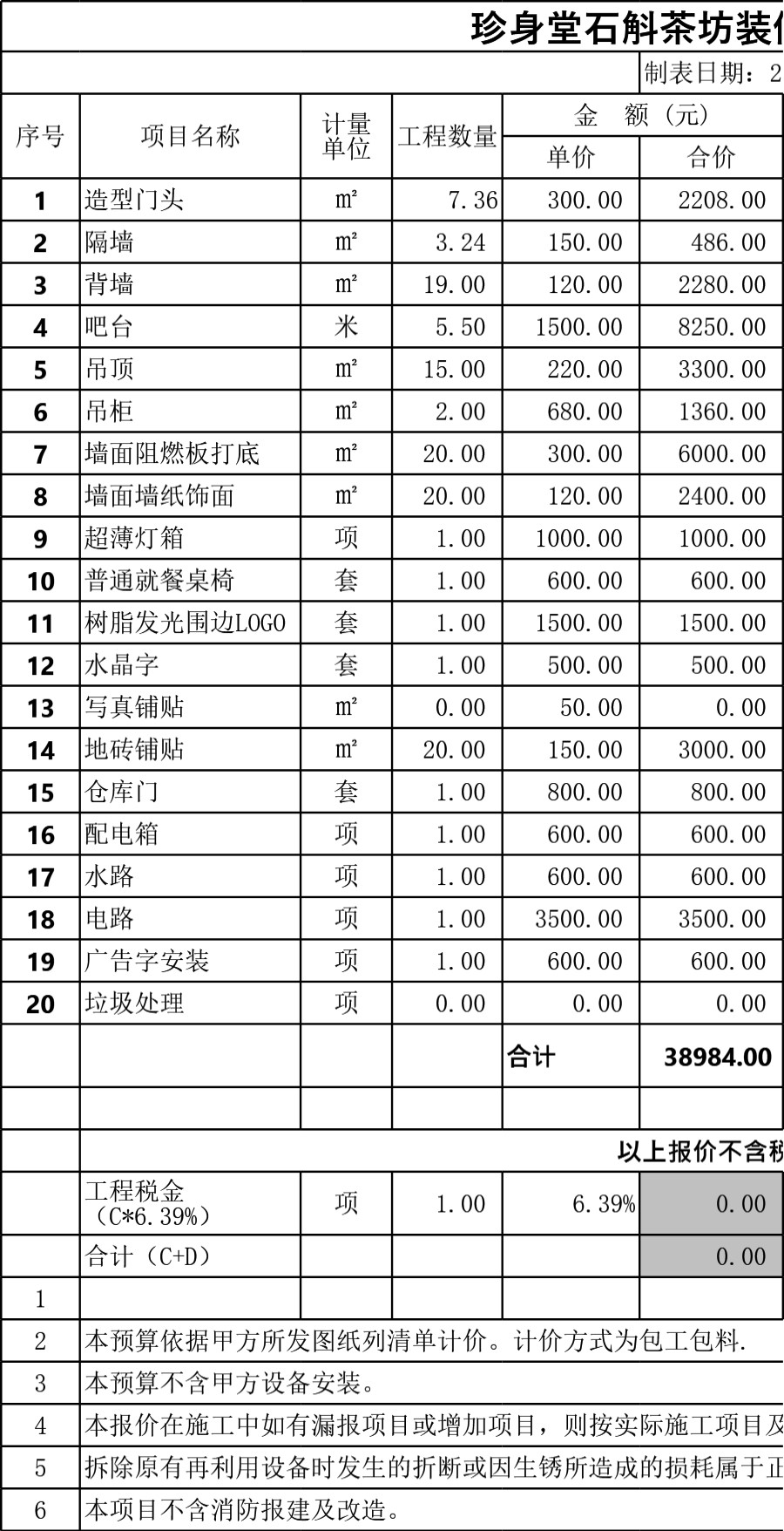 某奶茶店装修预算报价单