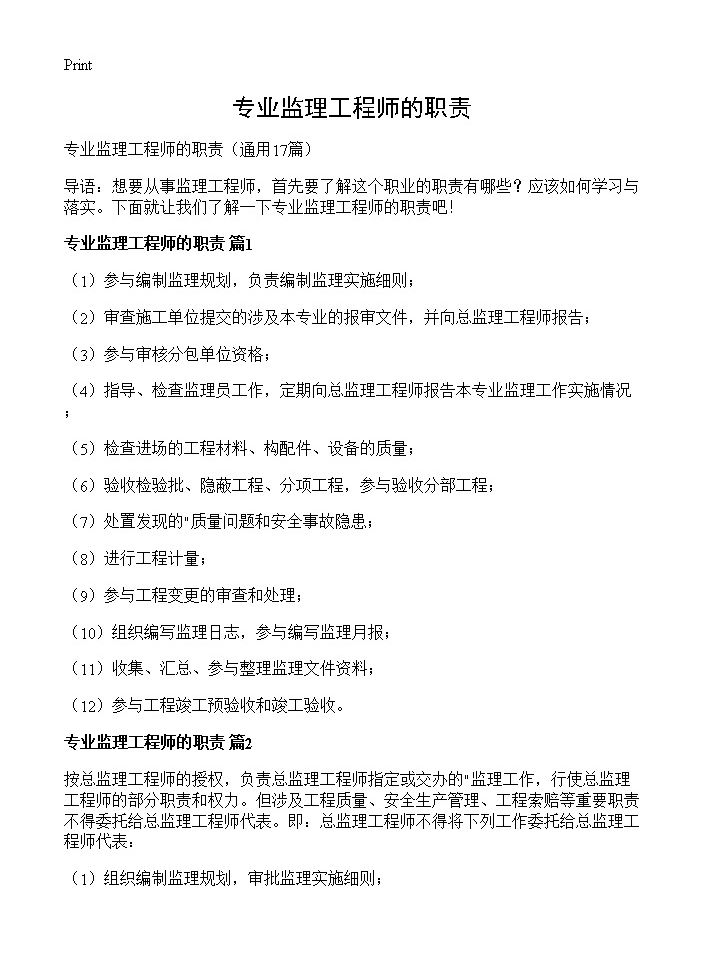 专业监理工程师的职责17篇