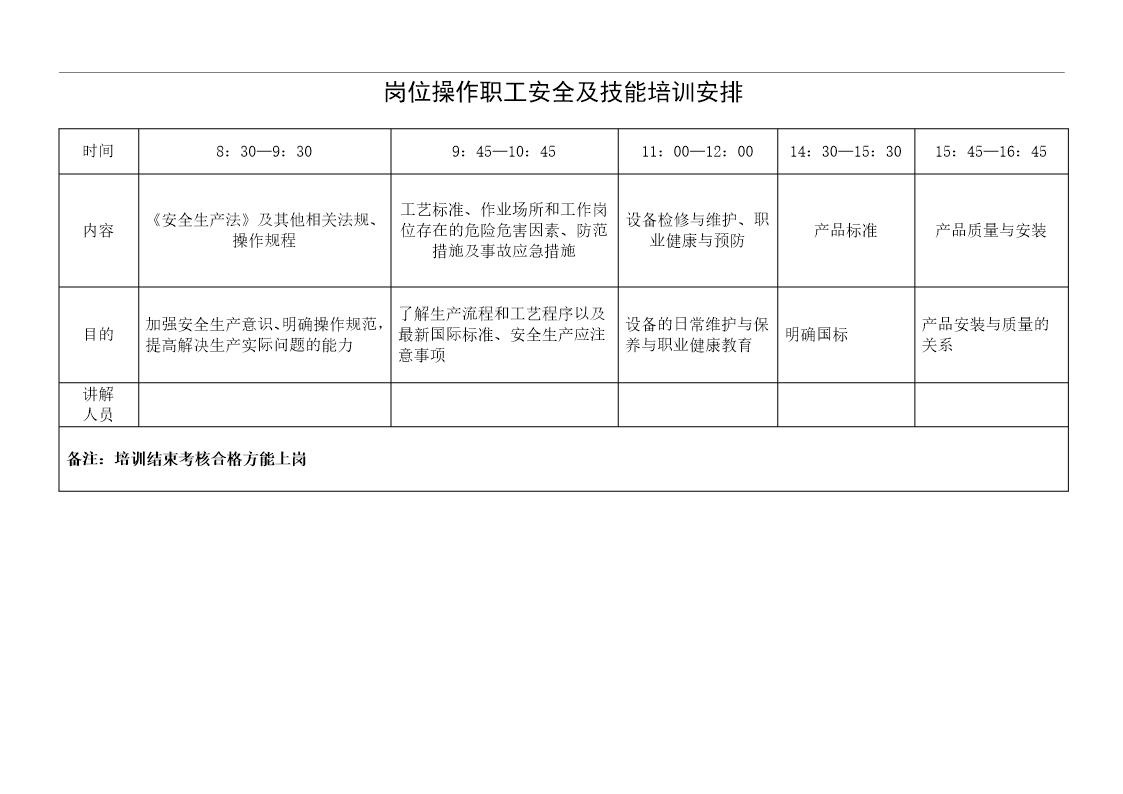 各类员工安全教育培训表