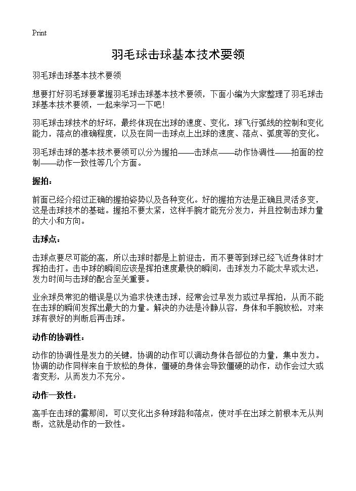 羽毛球击球基本技术要领