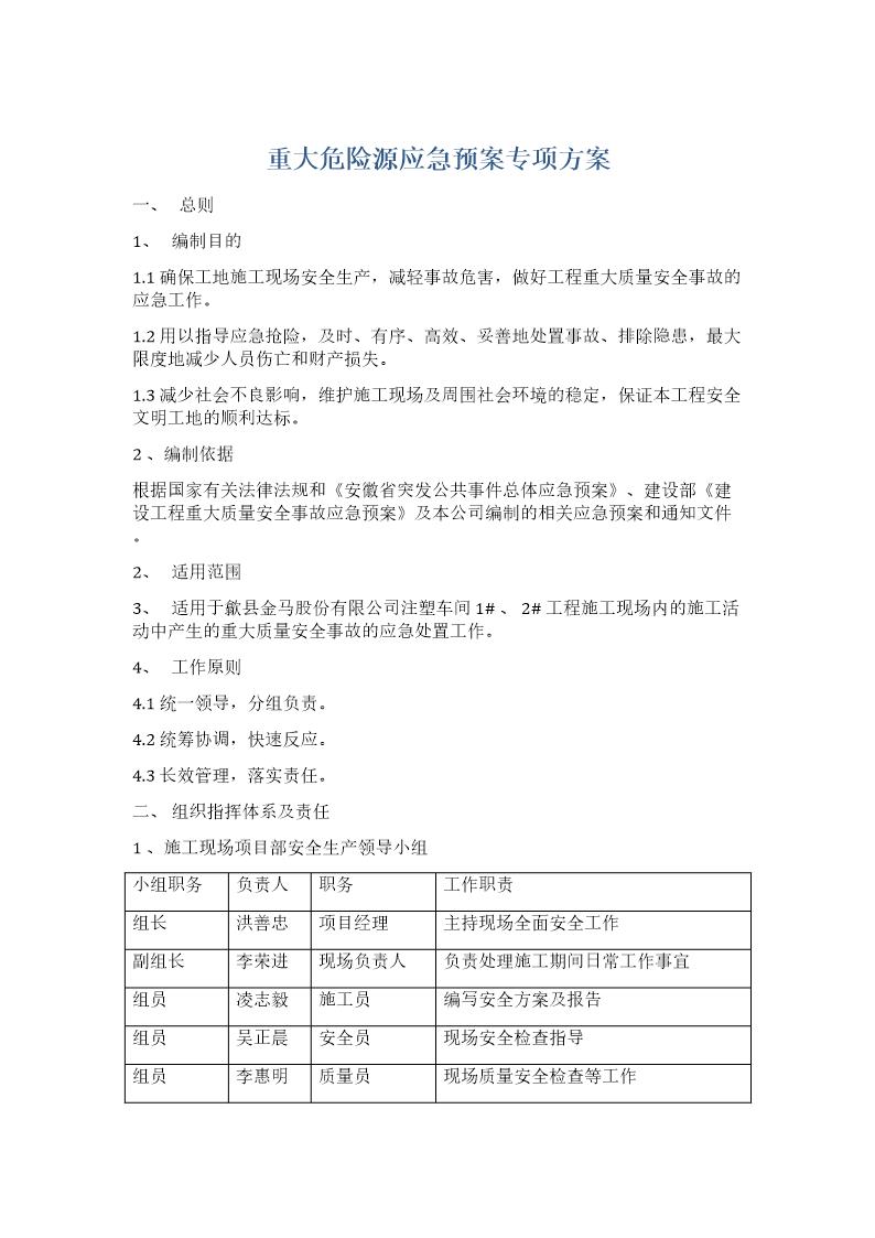 重大危险源应急预案专项方案