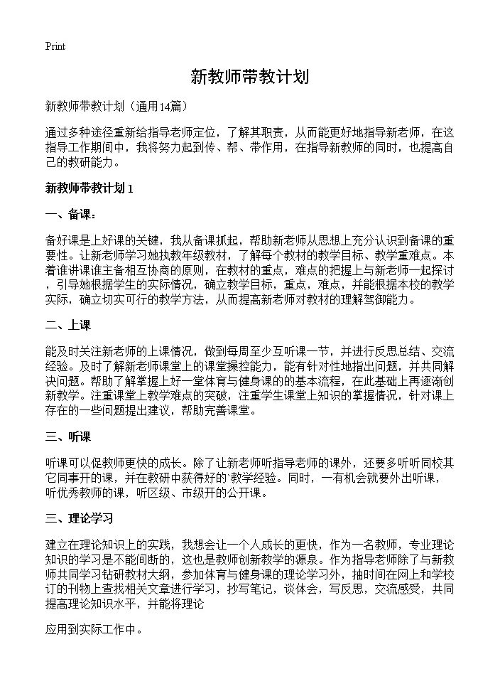 新教师带教计划14篇