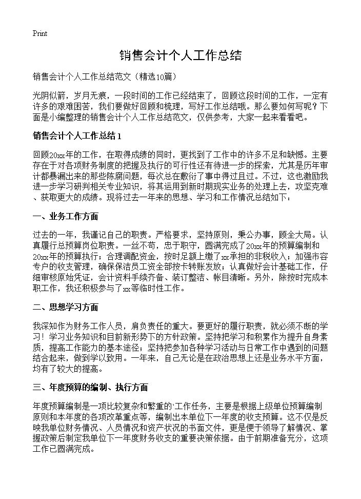 销售会计个人工作总结10篇