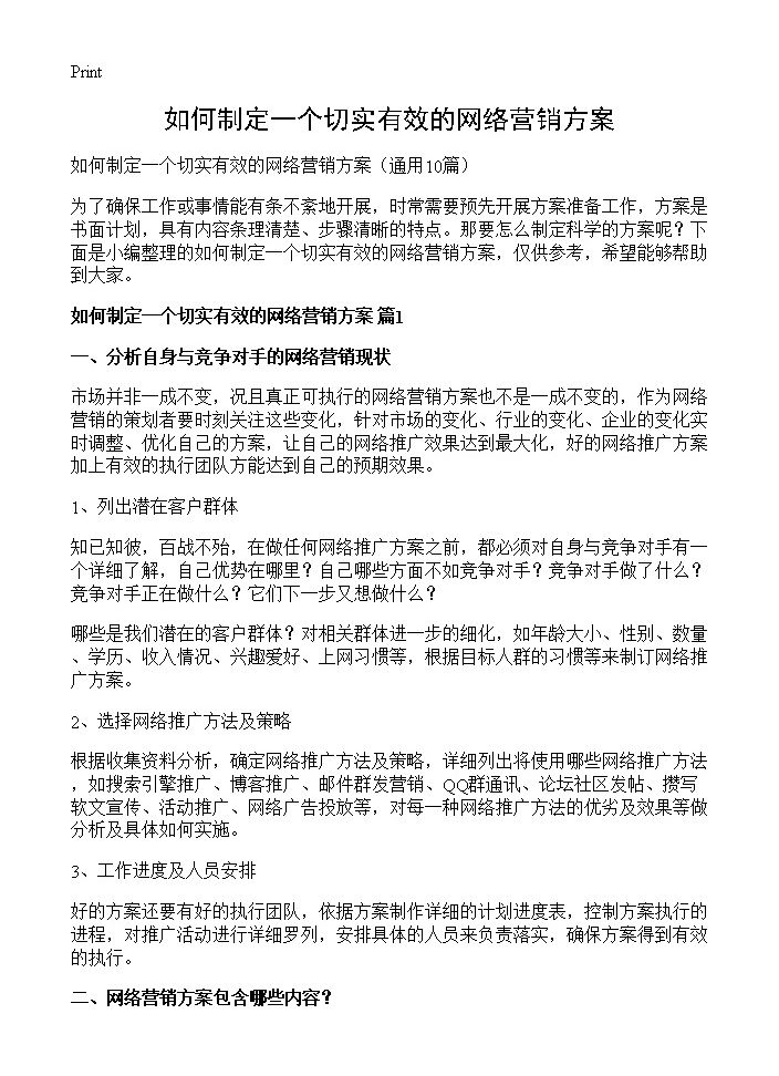 如何制定一个切实有效的网络营销方案10篇