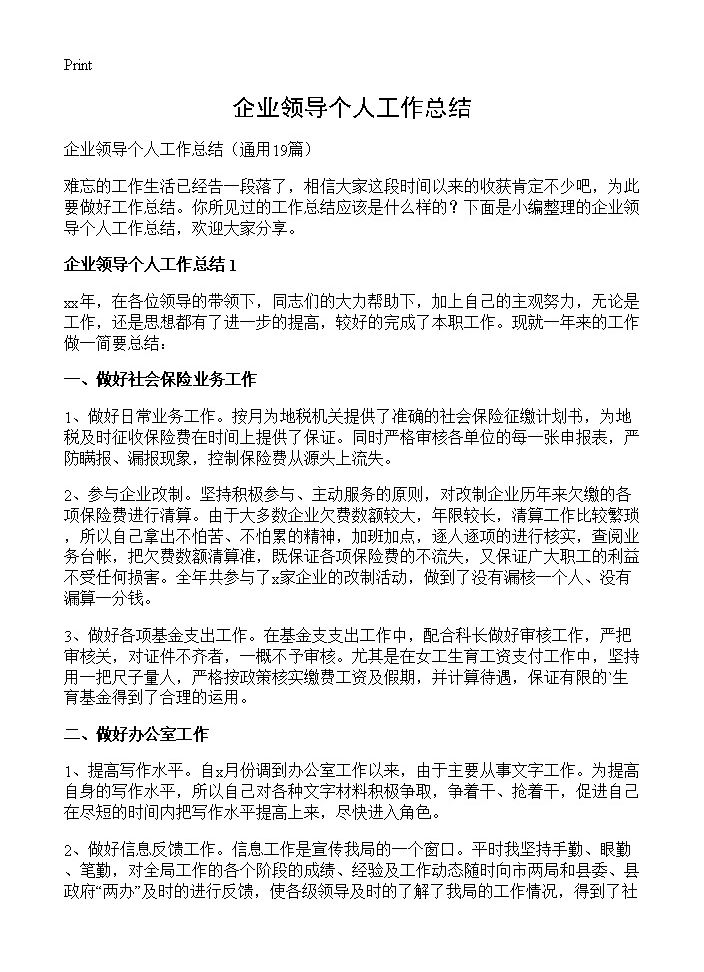 企业领导个人工作总结19篇